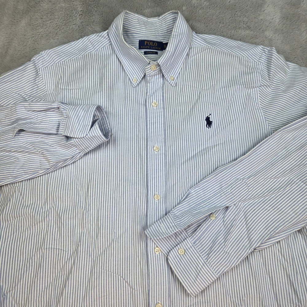 Polo Ralph Lauren Button Down Shirt Mens XL Classic Fit Striped Oxford Blue Wht